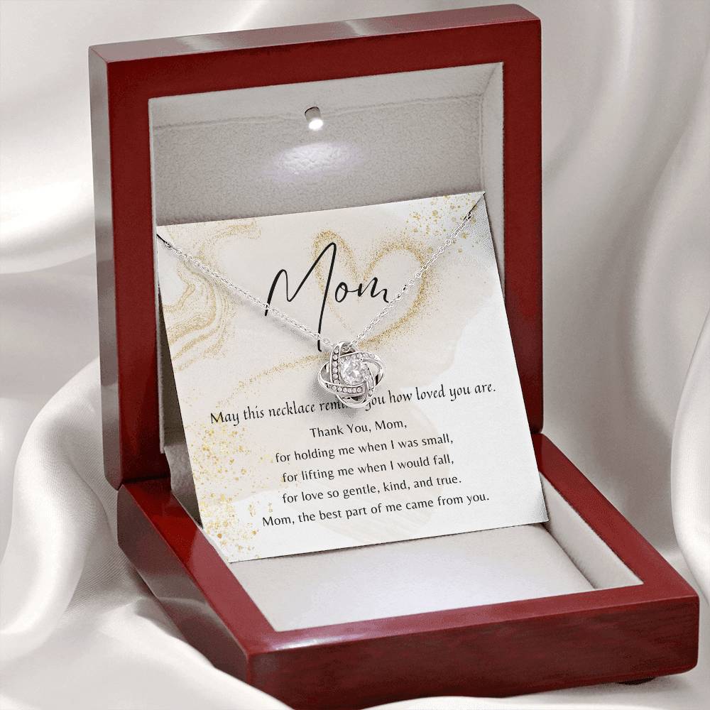 Love Knot Necklace in 14k white gold plated, displayed in mahogany box with poem card for mom gift.