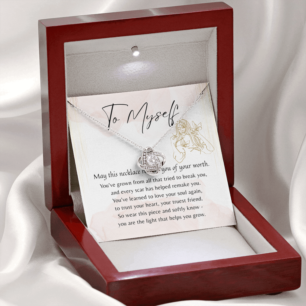 Love Knot Necklace for Myself – A thoughtful Gift to Myself | 14k White Gold or 18k Yellow Gold Plated displayed in elegant wooden gift box