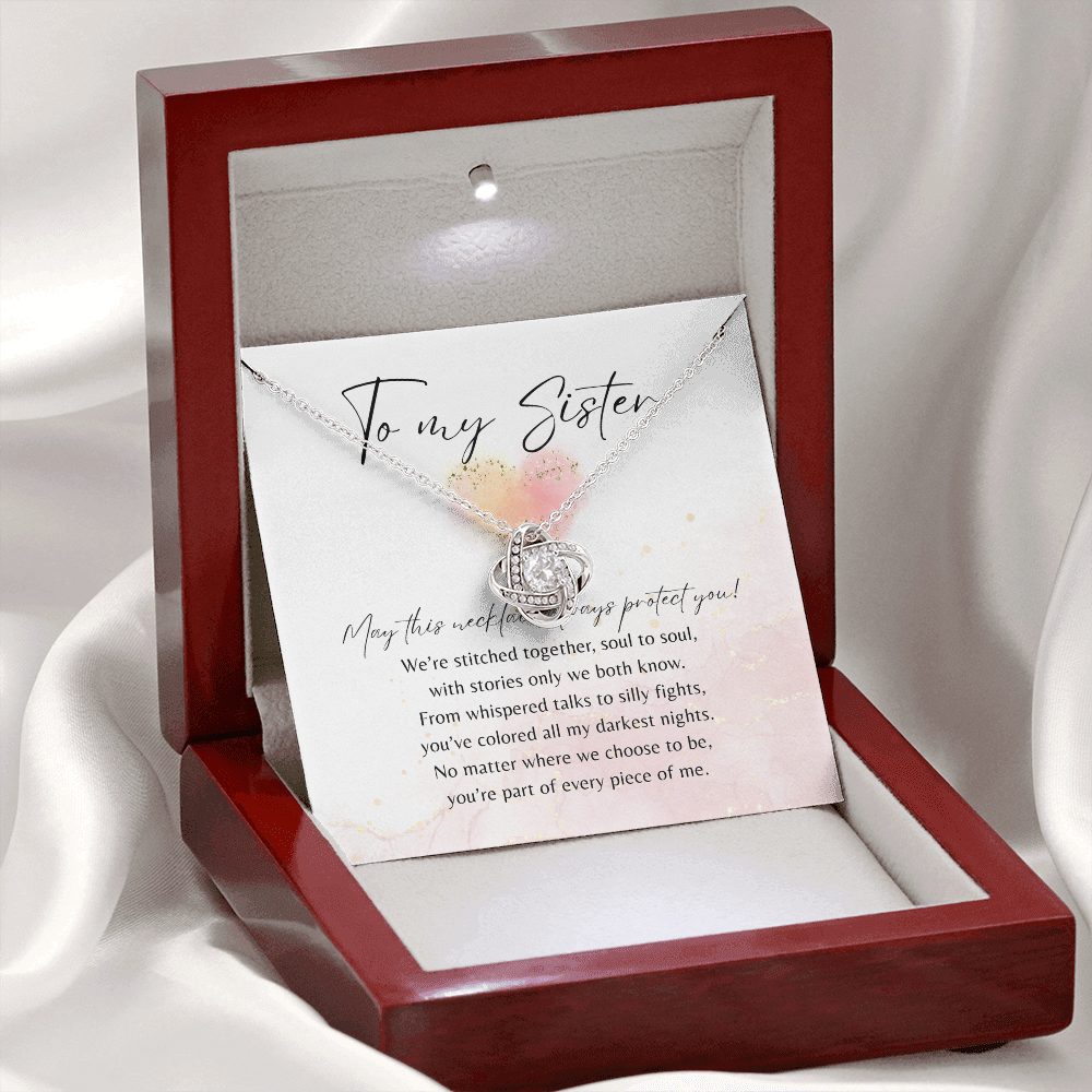Love Knot Necklace for Sister – 14k White Gold or 18k Yellow Gold Plated with poem card in luxury mahogany-style box