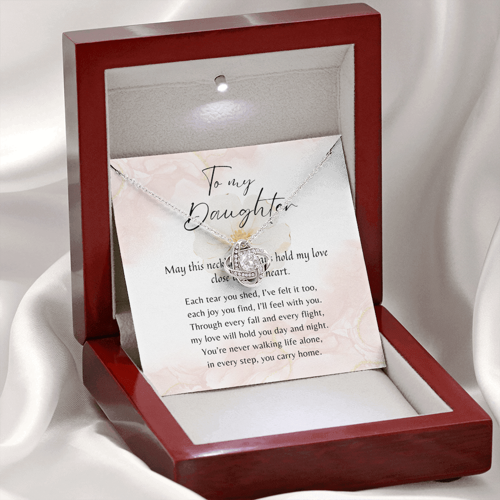 Love Knot Necklace for Daughter – 14k White Gold or 18k Yellow Gold Plated in a mahogany box with poem card inside