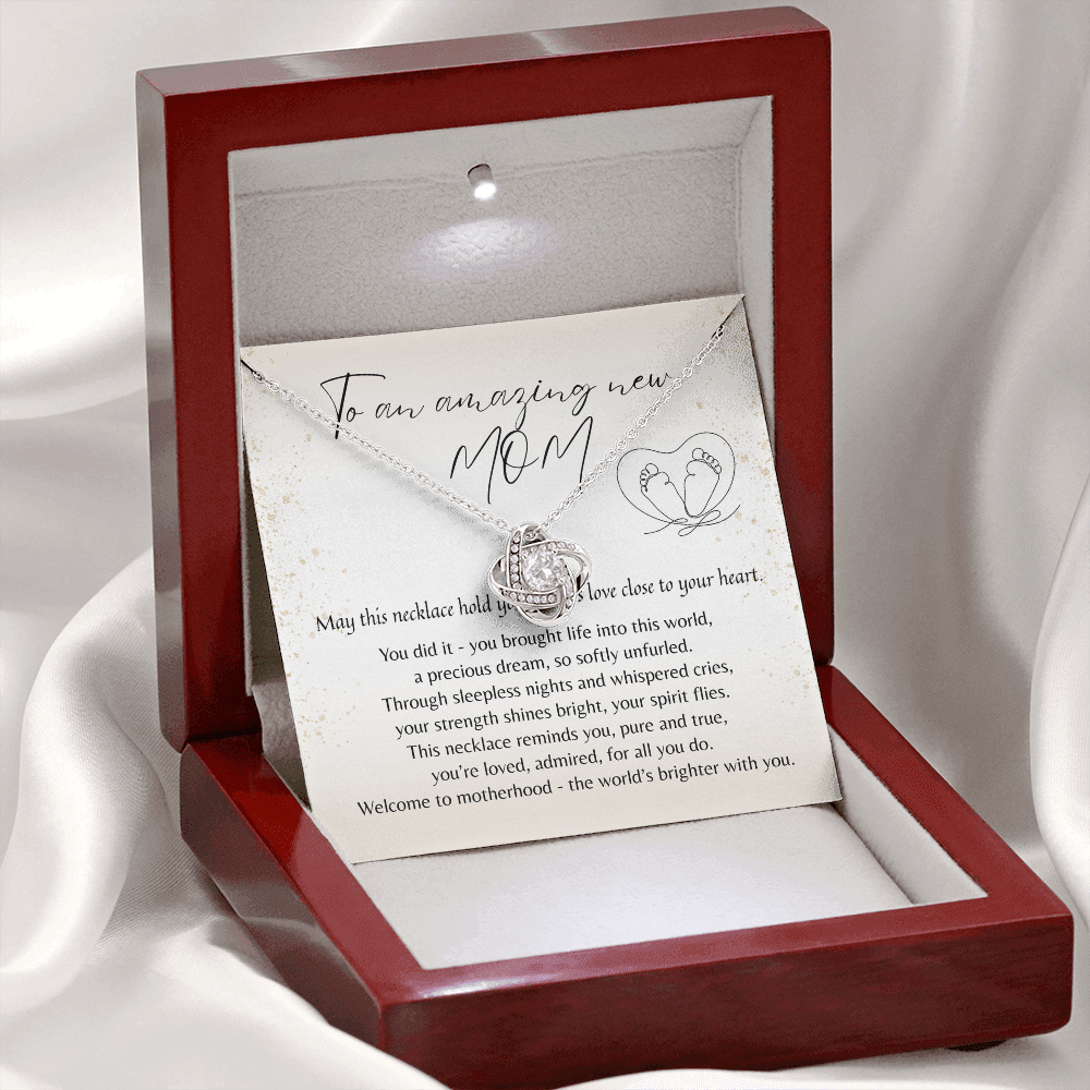 Love Knot Necklace for New Mom - A Meaningful Gift for a New Mom | 14k White Gold or 18k Yellow Gold Plated displayed in elegant wooden box with poem card.