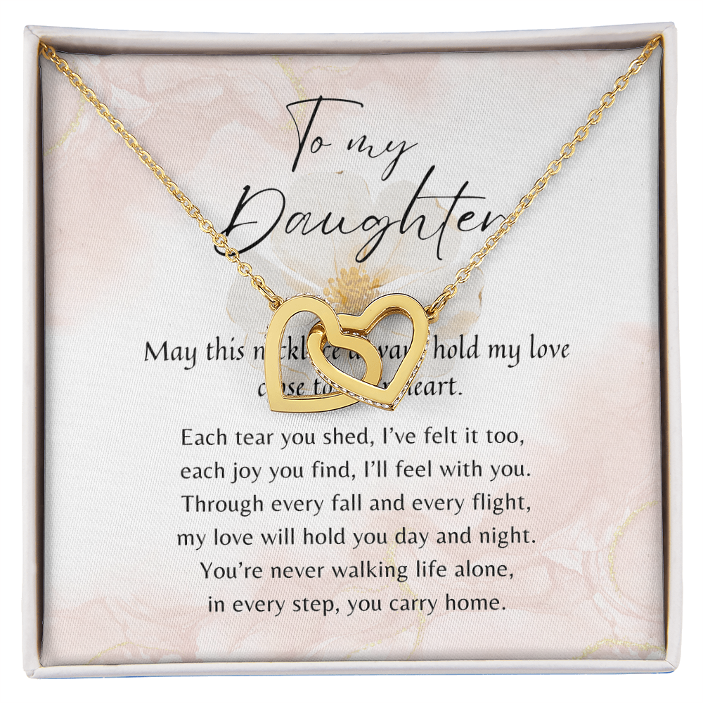 Interlocking Hearts Necklace for Daughter – Rose Gold or 18k Yellow Gold Plated meaningful gift with intertwined hearts pendant in gift box.