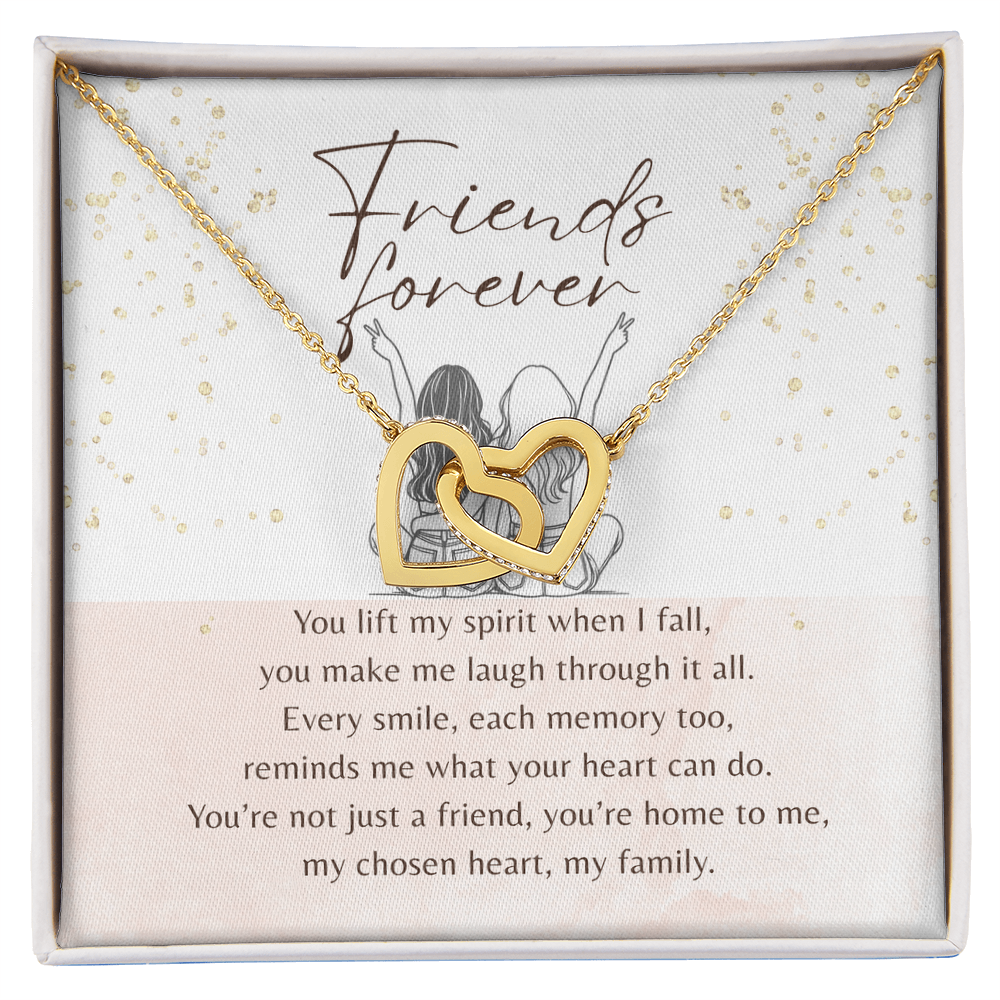 Interlocking Hearts Necklace for Best Friend – Rose Gold or 18k Yellow Gold Plated with two hearts in a gift box and friendship message.