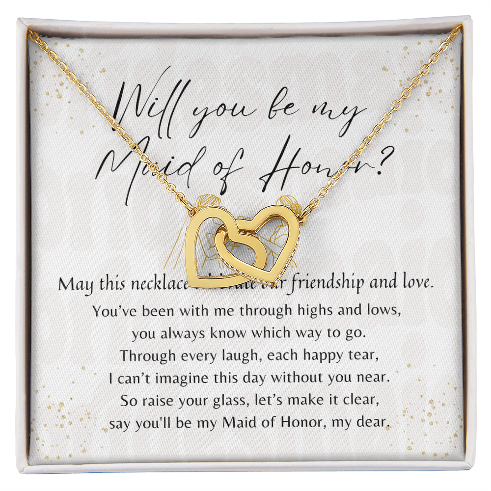 Interlocking Hearts Necklace for Maid of Honor – A Meaningful Maid of Honor Proposal Gift | Rose Gold or 18K Yellow Gold Plated in gift box with poem