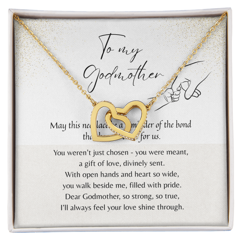 Interlocking Hearts Necklace for Godmother – Rose Gold or 18k Yellow Gold Plated | A Meaningful Thank You Gift Godmother displayed in gift box with poem