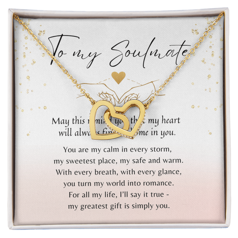 Interlocking Hearts Necklace for Her – Rose Gold or 18k Yellow Gold Plated displayed in a gift box with heartfelt message