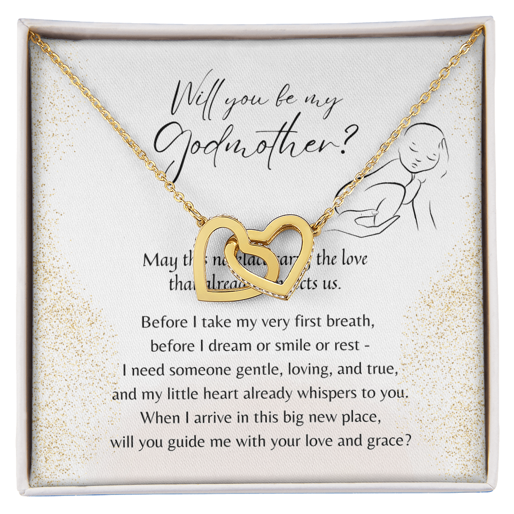 Interlocking Hearts Necklace for Godmother – A Meaningful Godmother Proposal Gift | Rose Gold or 18K Yellow Gold Plated displayed with proposal card