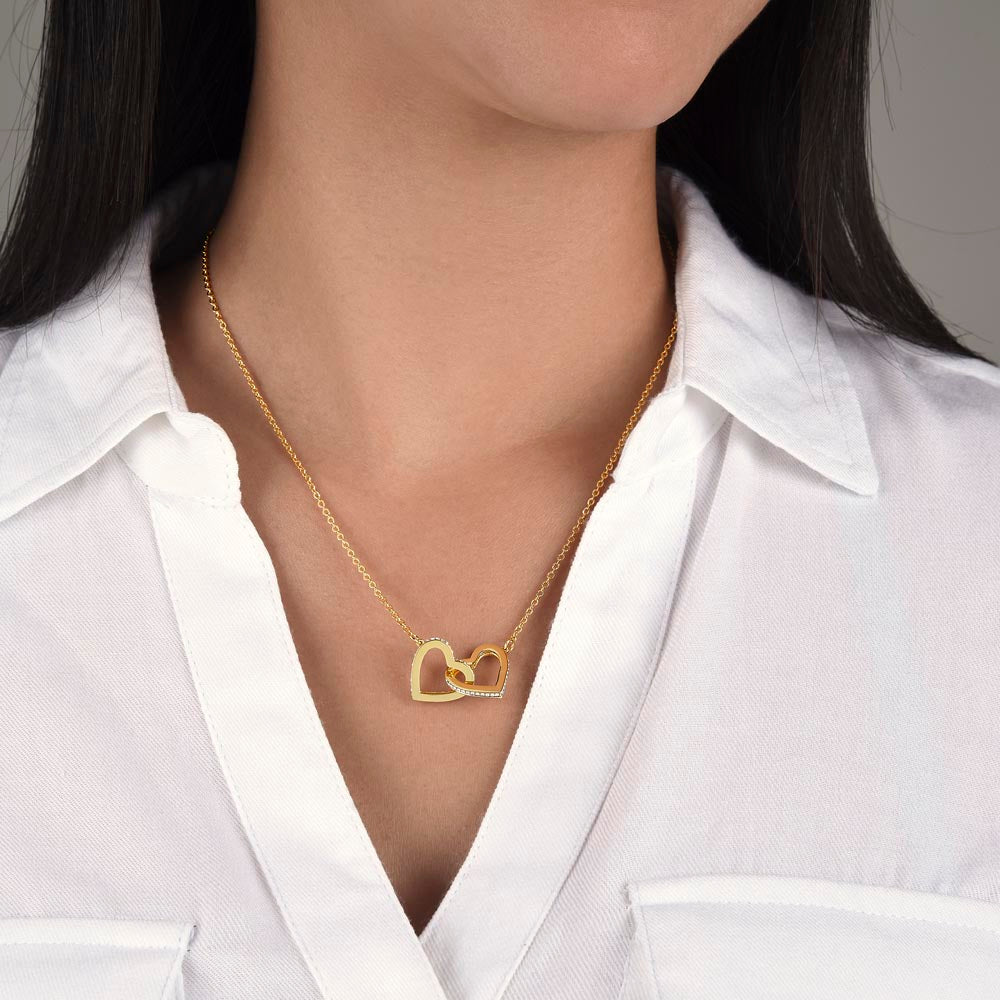Interlocking Hearts Necklace for Bridesmaid – a meaningful bridesmaid proposal gift in 18k yellow gold plated finish worn on model