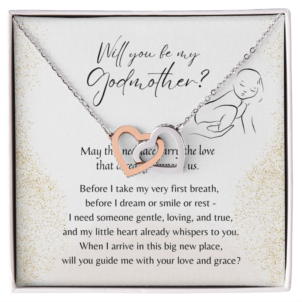 Interlocking Hearts Necklace for Godmother – A meaningful gift in rose gold and 18K yellow gold plated finish displayed with poetic message card
