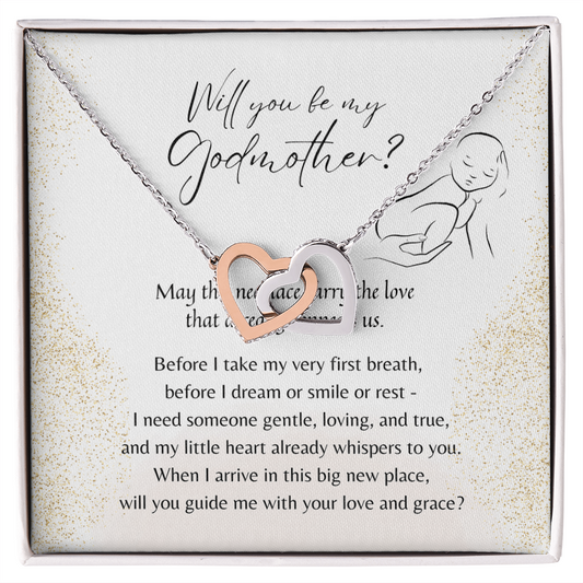 Interlocking Hearts Necklace for Godmother – A meaningful gift in rose gold and 18K yellow gold plated finish displayed with poetic message card