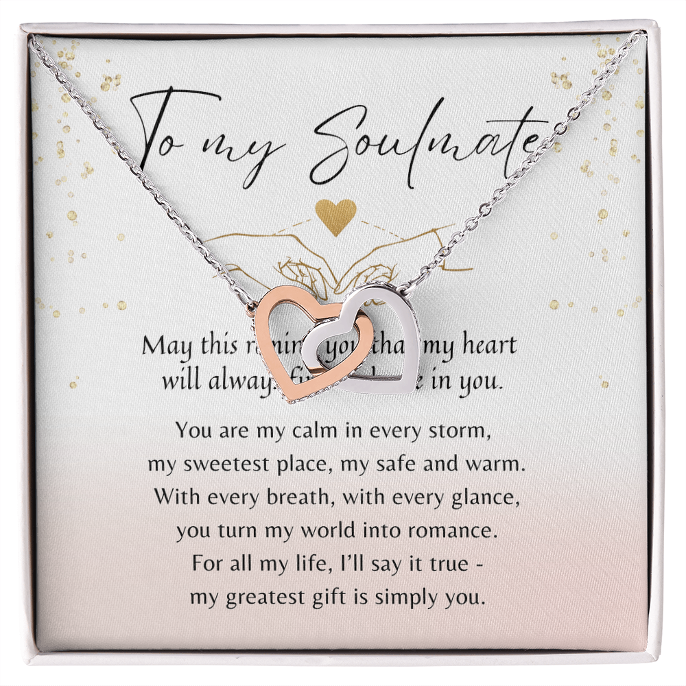 Interlocking Hearts Necklace for Her – Rose Gold or 18k Yellow Gold Plated displayed on a romantic gift card with poem