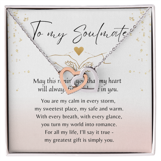 Interlocking Hearts Necklace for Her – Rose Gold or 18k Yellow Gold Plated displayed on a romantic gift card with poem