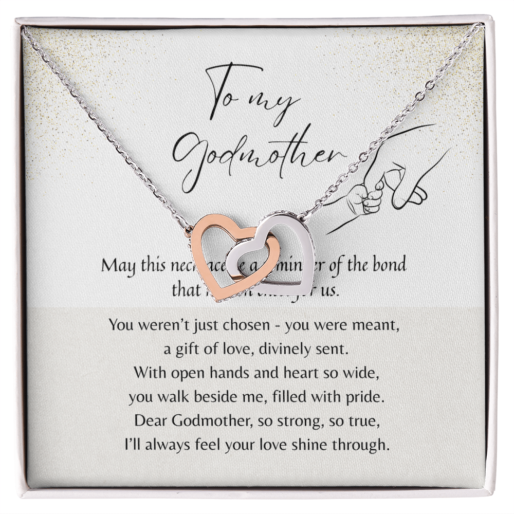 Interlocking Hearts Necklace for Godmother – Rose Gold or 18k Yellow Gold Plated | A Meaningful Thank You Gift for Godmother displayed in gift box with message