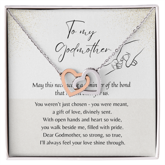 Interlocking Hearts Necklace for Godmother – Rose Gold or 18k Yellow Gold Plated | A Meaningful Thank You Gift for Godmother displayed in gift box with message