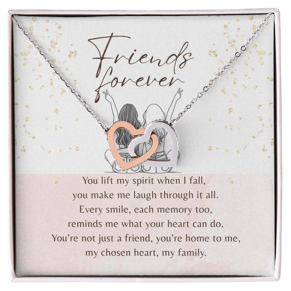 Interlocking Hearts Necklace for Best Friend – Rose Gold or 18k Yellow Gold Plated with two intertwined hearts on a Friends Forever card