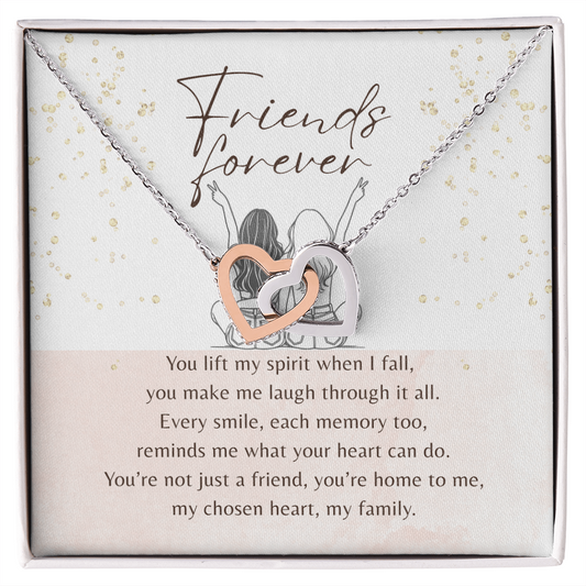Interlocking Hearts Necklace for Best Friend – Rose Gold or 18k Yellow Gold Plated with two intertwined hearts on a Friends Forever card
