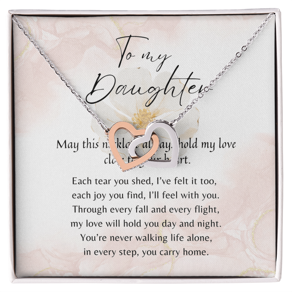 Interlocking Hearts Necklace for Daughter – Rose Gold or 18k Yellow Gold Plated meaningful gift from parent with heartfelt message card