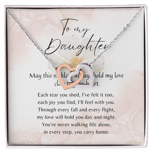 Interlocking Hearts Necklace for Daughter – Rose Gold or 18k Yellow Gold Plated meaningful gift from parent with heartfelt message card