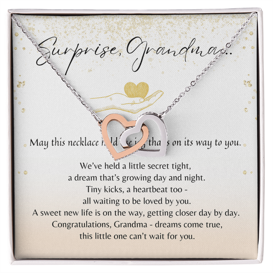 Interlocking Hearts Necklace for Grandma-To-Be – A Meaningful Baby Announcement Gift for Grandma | Rose Gold or 18K Yellow Gold Plated on gift card