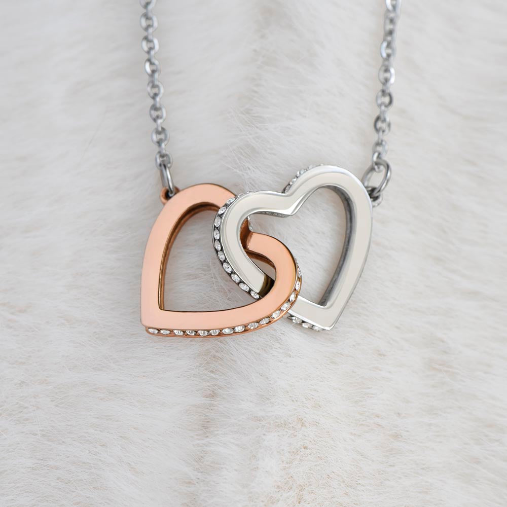 Interlocking Hearts Necklace for Daughter – Rose Gold or 18k Yellow Gold Plated meaningful gift showing two linked heart pendants with crystals
