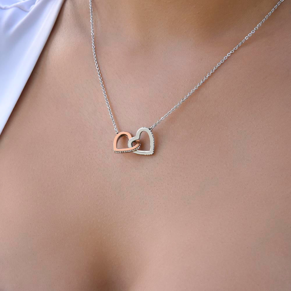 Interlocking Hearts Necklace for Her – Rose Gold or 18k Yellow Gold Plated displayed as delicate linked heart pendants on chain.