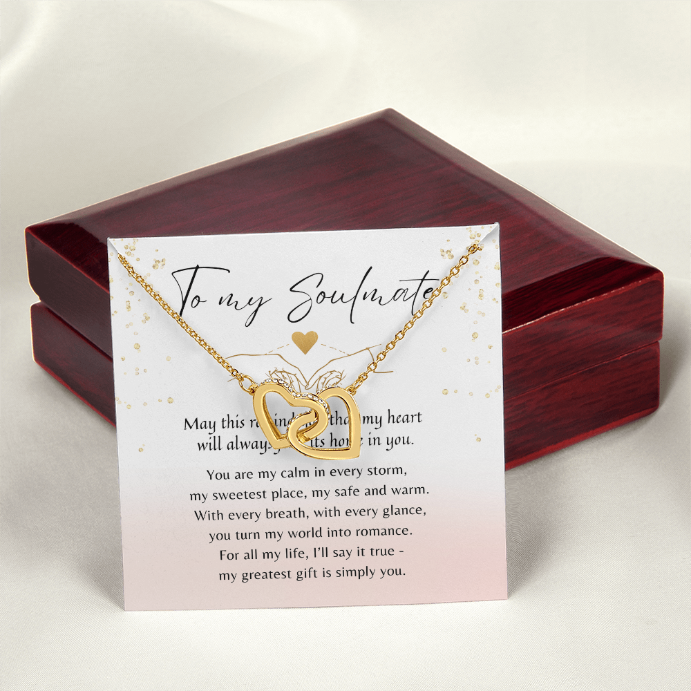 Interlocking Hearts Necklace for Her – Rose Gold or 18k Yellow Gold Plated displayed on a poetic card with wooden gift box behind