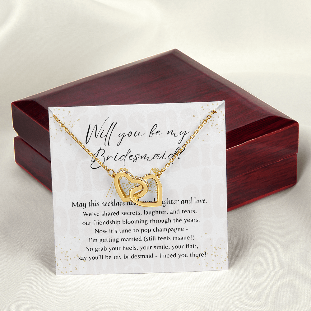 Interlocking Hearts Necklace for Bridesmaid – A Meaningful Bridesmaid Proposal Gift in 18k Yellow Gold Plated finish displayed with gift box