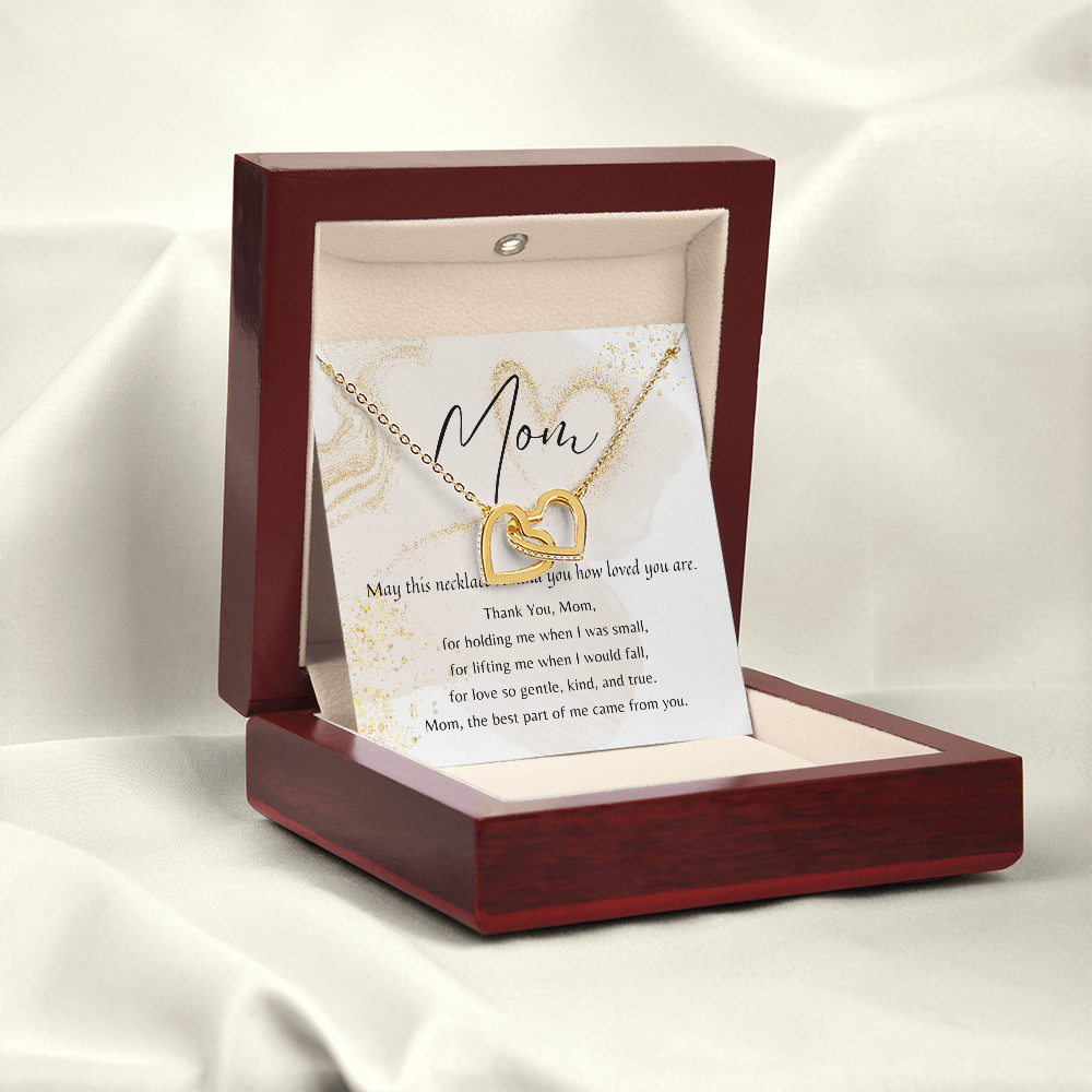 Interlocking Hearts Necklace for Mom – 18k Yellow Gold Plated displayed in a mahogany-style luxury gift box with poem card.