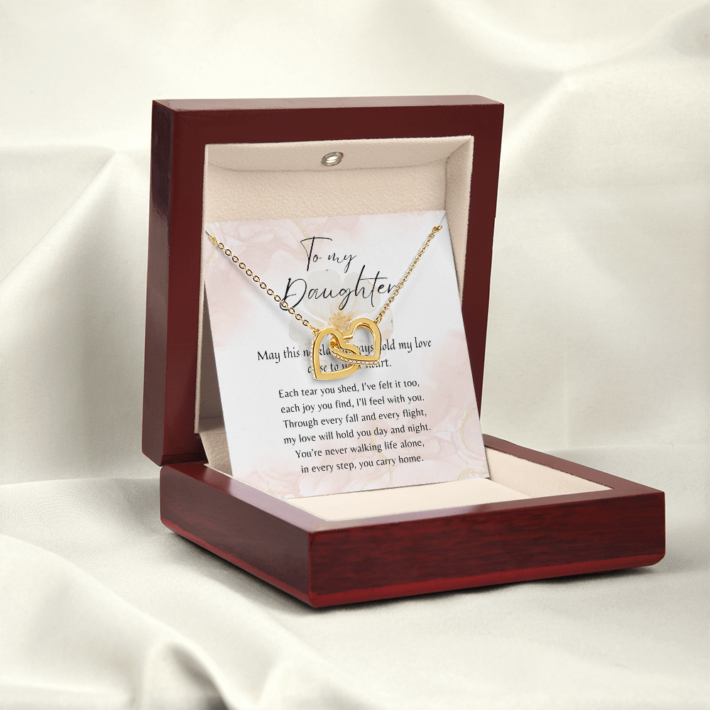 Interlocking Hearts Necklace for Daughter – Rose Gold or 18k Yellow Gold Plated meaningful gift displayed in luxury mahogany-style box with poem card