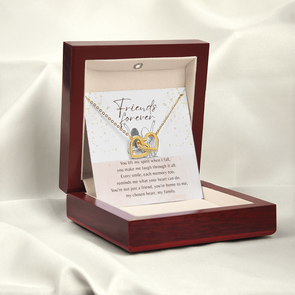 Interlocking Hearts Necklace for Best Friend – Rose Gold or 18k Yellow Gold Plated displayed in a gift box with a friendship message card
