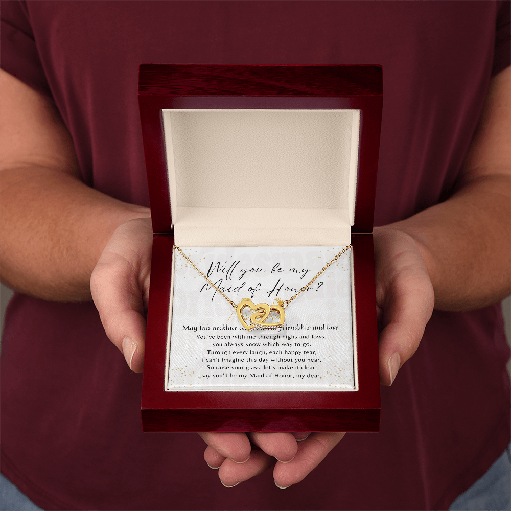 Interlocking Hearts Necklace for Maid of Honor – A meaningful jewelry gift in rose gold or 18K yellow gold plated in wooden box with poem card
