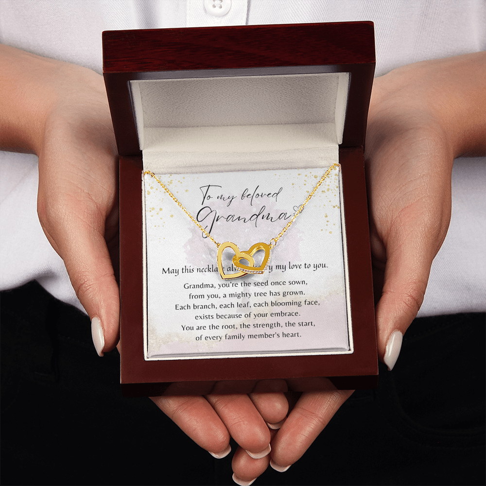 Interlocking Hearts Necklace for Grandma – A Meaningful Gift for Grandma | Rose Gold or 18K Yellow Gold Plated displayed in gift box with poem card