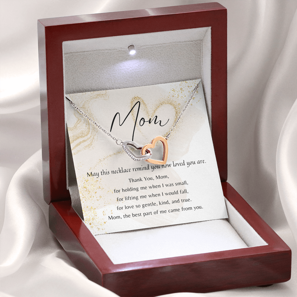 Interlocking Hearts Necklace for Mom – Rose Gold or 18k Yellow Gold Plated with poem card in mahogany luxury gift box