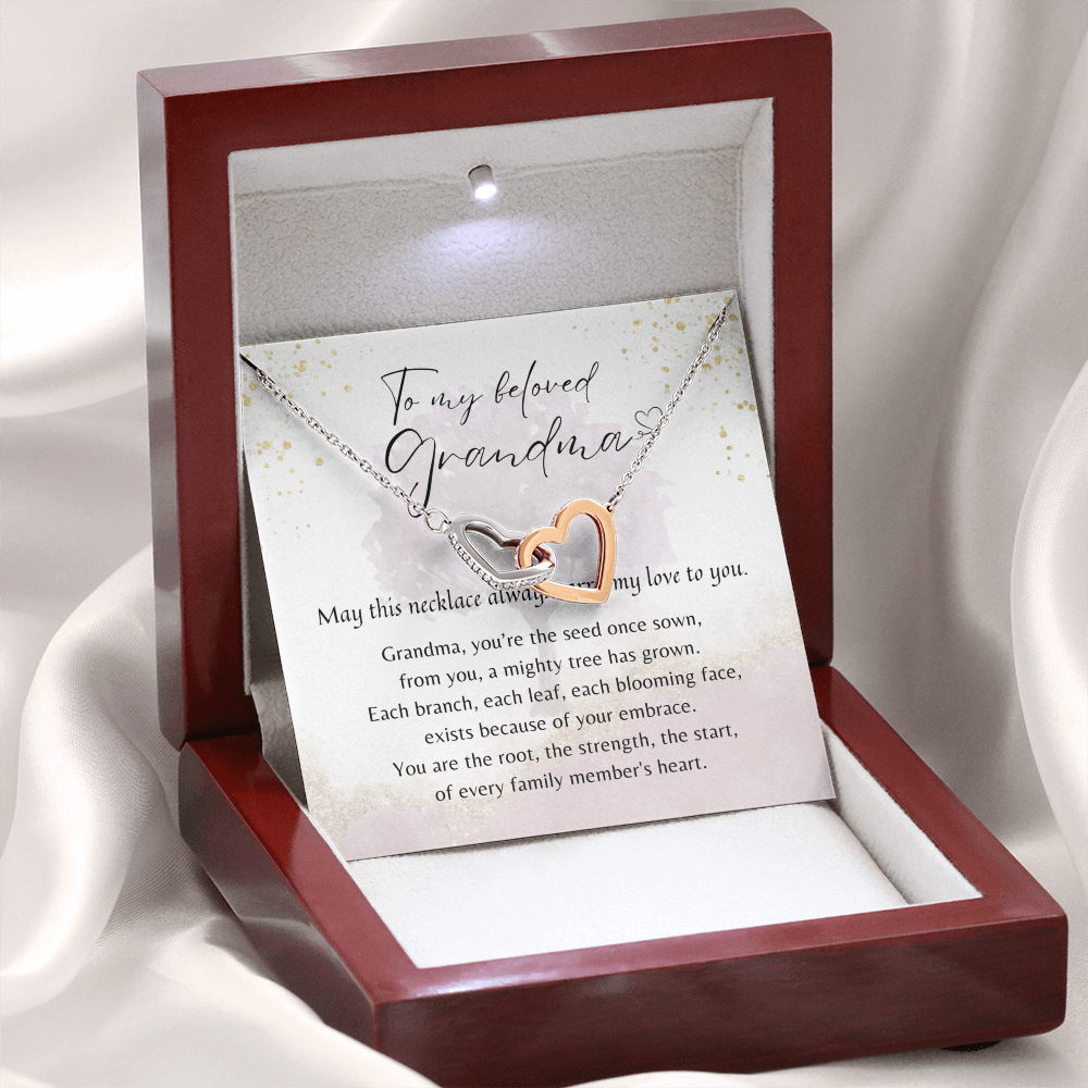 Interlocking Hearts Necklace for Grandma – A Meaningful Gift for Grandma | Rose Gold or 18K Yellow Gold Plated displayed in wooden gift box with poem card