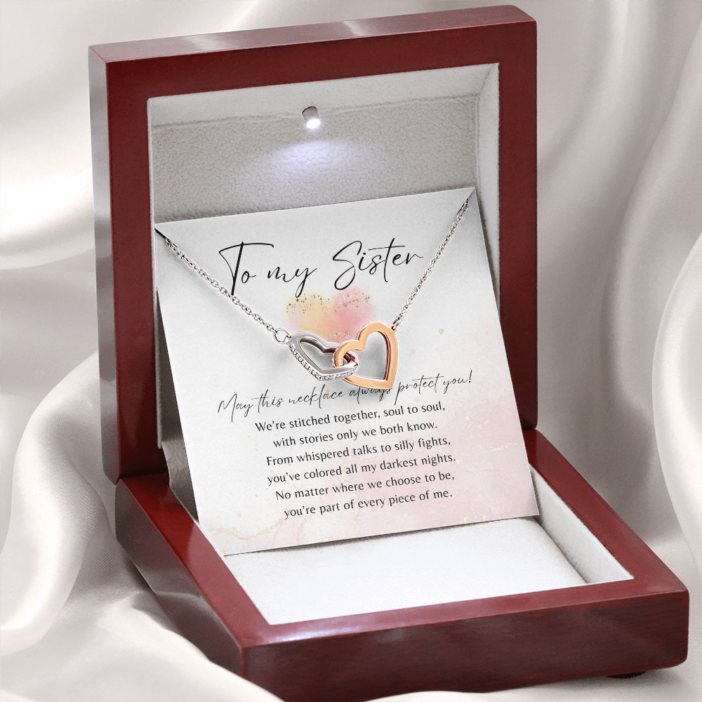 Interlocking Hearts Necklace for Sister – Rose Gold or 18k Yellow Gold Plated displayed in mahogany-style box with poem card inside