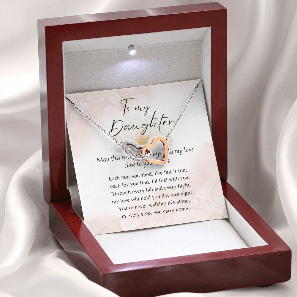 Interlocking Hearts Necklace for Daughter – Rose Gold or 18k Yellow Gold Plated with gift box and heartfelt poem card from parent