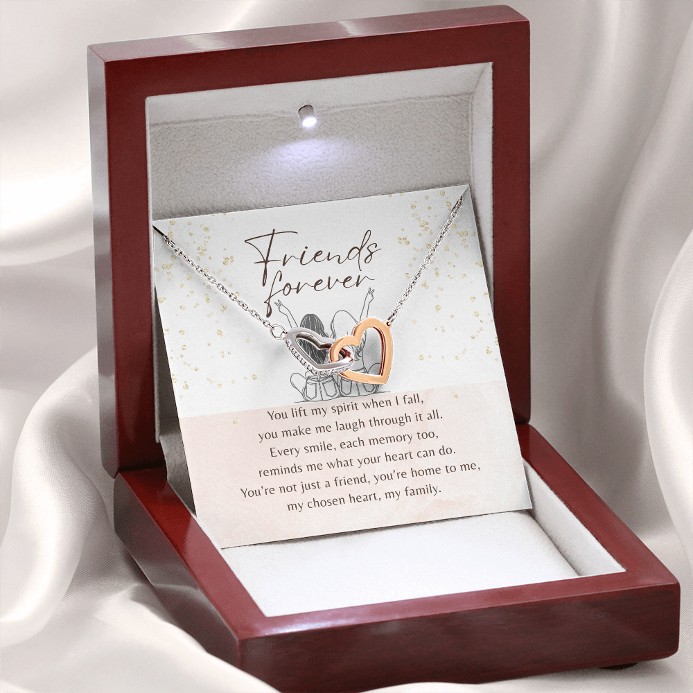 Interlocking Hearts Necklace for Best Friend – Rose Gold or 18k Yellow Gold Plated | A Meaningful Gift of Friendship & Love displayed in a gift box