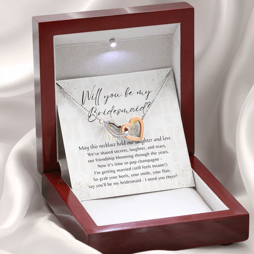 Interlocking Hearts Necklace for Bridesmaid – a meaningful bridesmaid proposal gift in rose gold and 18k yellow gold plated finish