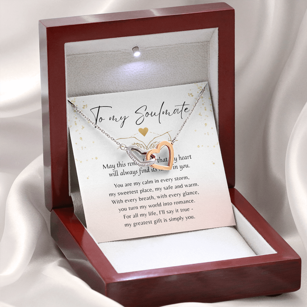 Interlocking Hearts Necklace for Her – Rose Gold or 18k Yellow Gold Plated displayed in elegant gift box with heartfelt message card