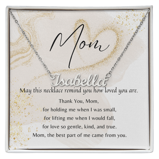 Custom Name Necklace for Mom – A Meaningful Gift of Love | Stainless Steel or 18k Yellow Gold Finish shown in gift box with poem card