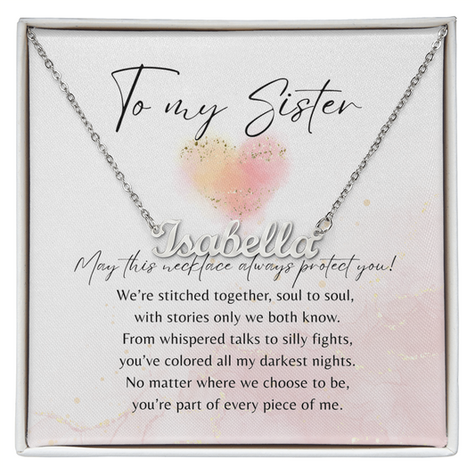 Custom Name Necklace for Sister – A Meaningful Gift of Sisterhood | Stainless Steel or 18k Yellow Gold Finish displayed with heartfelt poem.