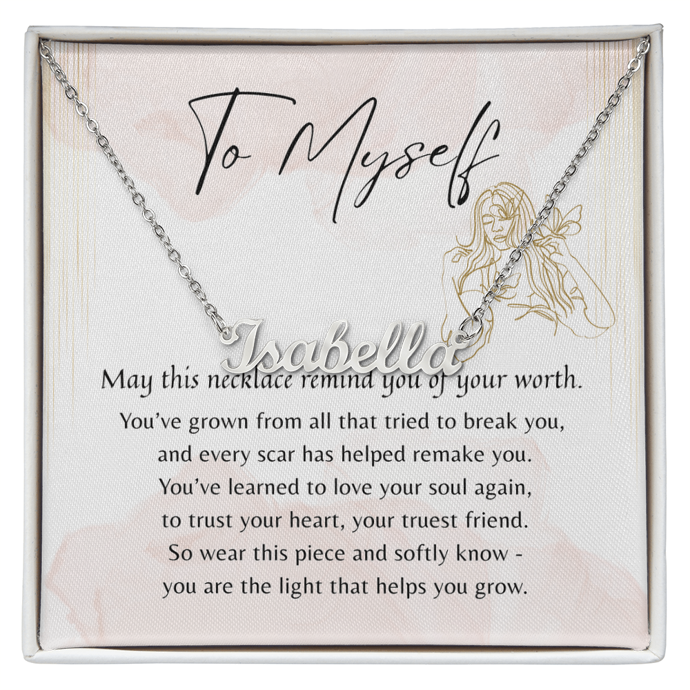 Custom Name Necklace for Myself – A Meaningful Gift for Yourself | delicate silver necklace with personalized name on decorative card