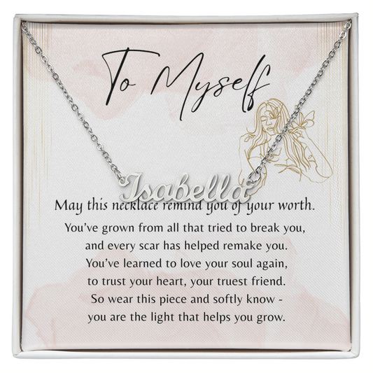 Custom Name Necklace for Myself – A Meaningful Gift for Yourself | delicate silver necklace with personalized name on decorative card