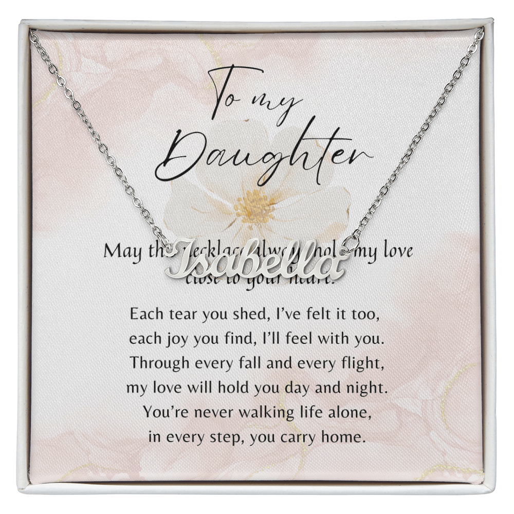 Custom Name Necklace for Daughter – A Meaningful Gift from Parent | silver name necklace with poetic message in gift box