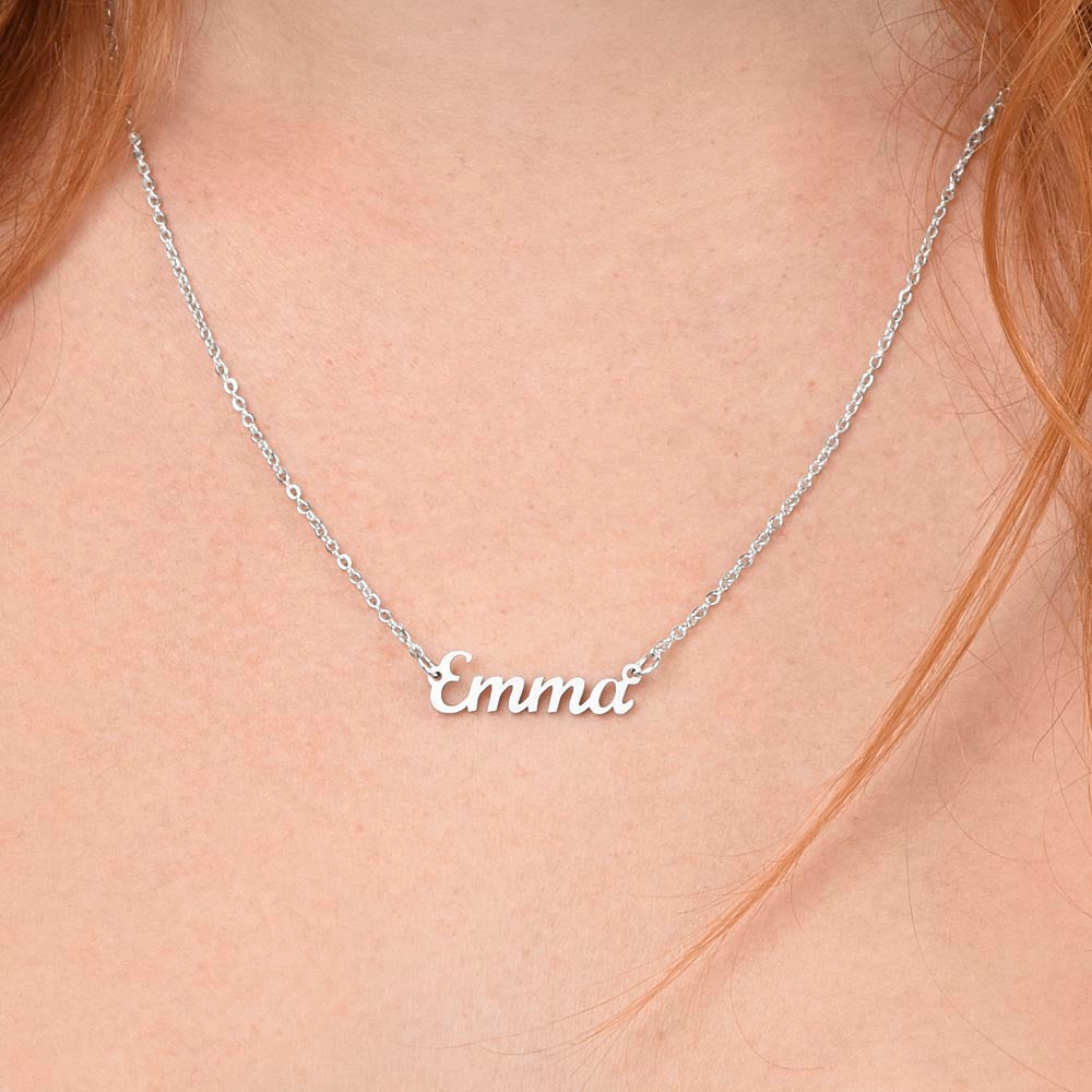 Custom Name Necklace for Mom – A Meaningful Gift of Love | Silver nameplate necklace worn on neck, stainless steel finish