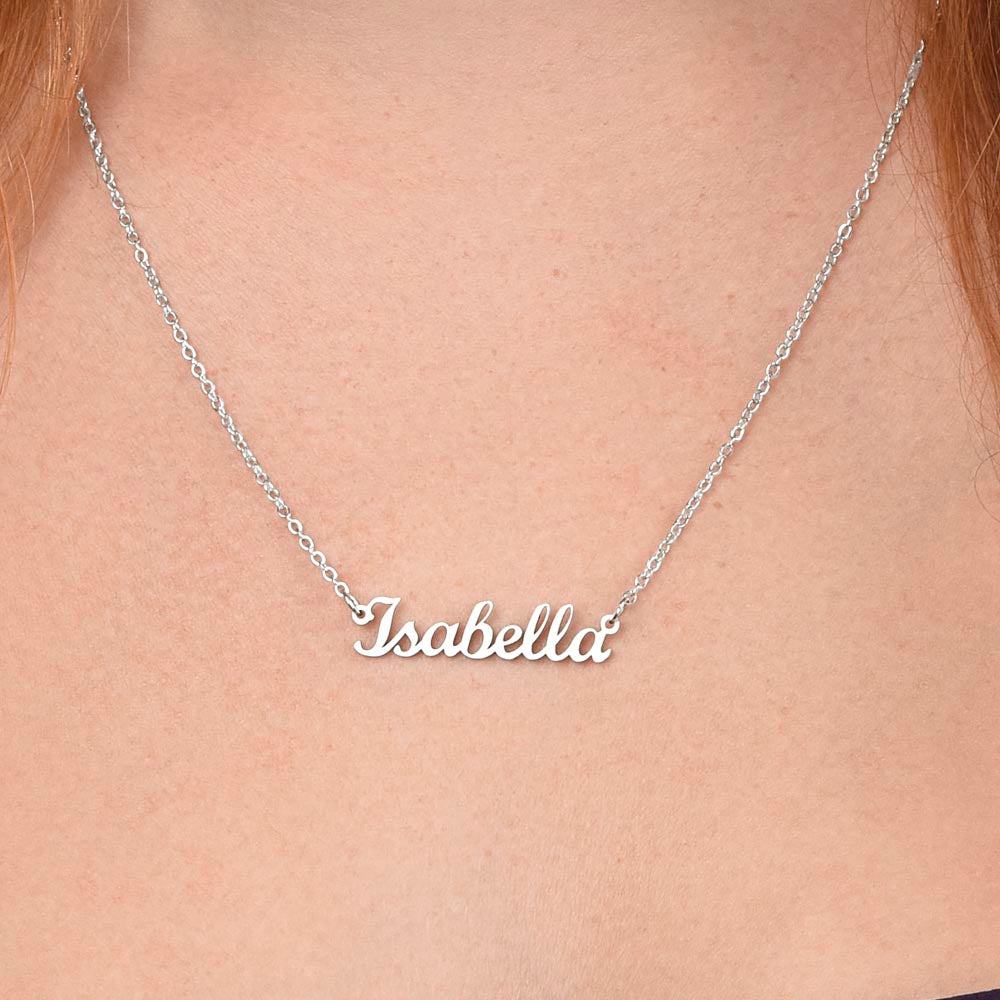 Custom Name Necklace for Daughter – A Meaningful Gift from Parent | silver finish name necklace worn on neck