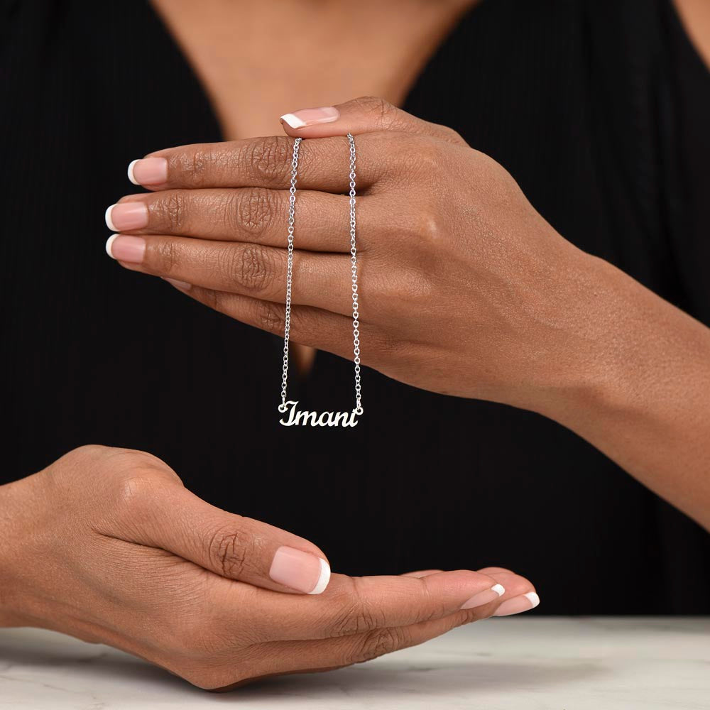 Custom Name Necklace for Mom – A Meaningful Gift of Love | Stainless Steel or 18k Yellow Gold Finish held by hands showing delicate chain