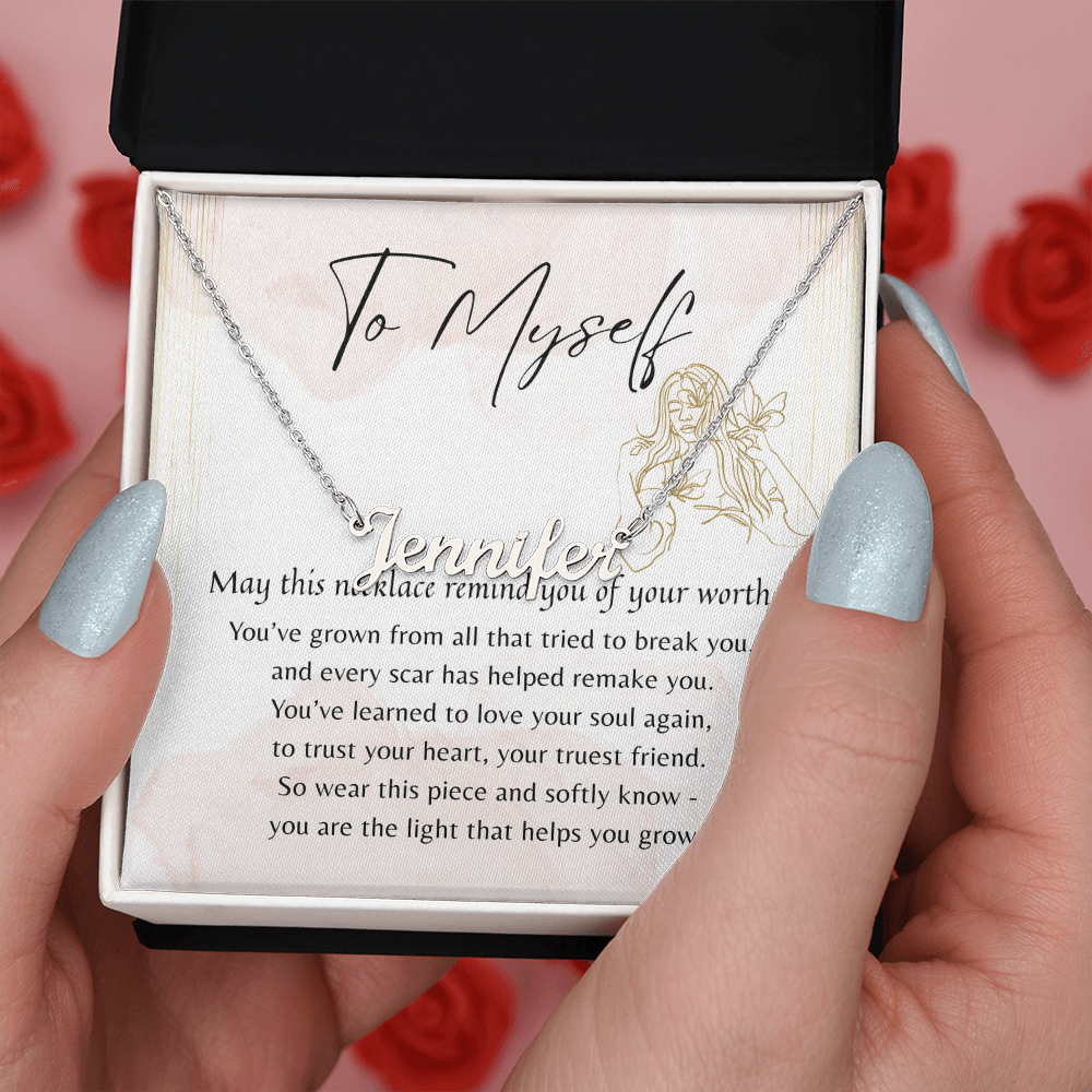Custom Name Necklace for Myself – A Meaningful Gift for Yourself | silver chain with personalized name on inspiring message card