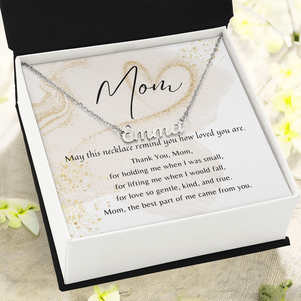 Custom Name Necklace for Mom – A Meaningful Gift of Love | Gold finish necklace with personalized name and heartfelt poem in gift box