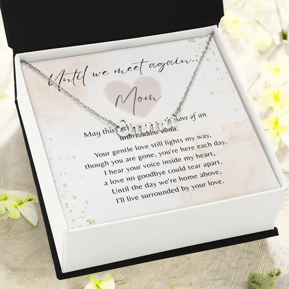 Custom Name Necklace for Mom Memorial – A Meaningful Memorial Gift in Loving Memory of Mom | Silver necklace in gift box with tribute card